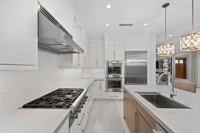 kitchen featuring sink, stainless steel appliances, tasteful backsplash, extractor fan, and white cabinets