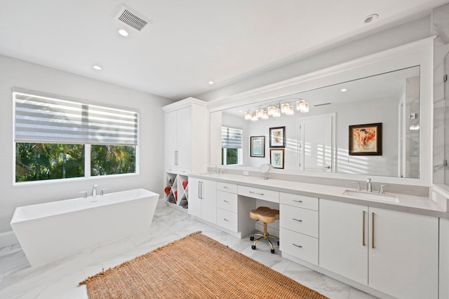 bathroom featuring vanity, a washtub, and a wealth of natural light