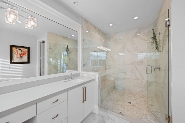 bathroom featuring vanity and walk in shower