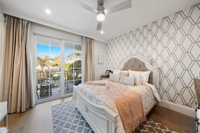 bedroom featuring access to exterior, ceiling fan, and light wood-type flooring