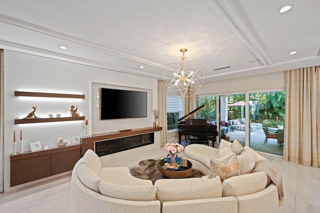 living room featuring an inviting chandelier and beam ceiling