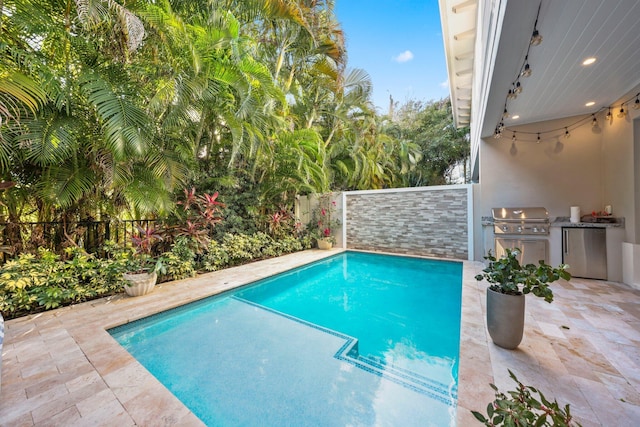 view of pool with exterior kitchen, a patio, and a grill