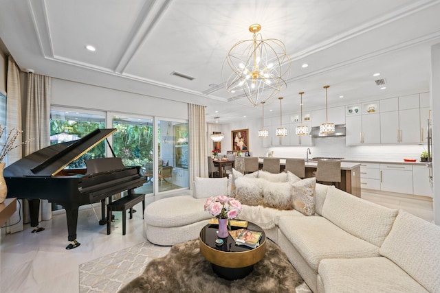 living room featuring a notable chandelier