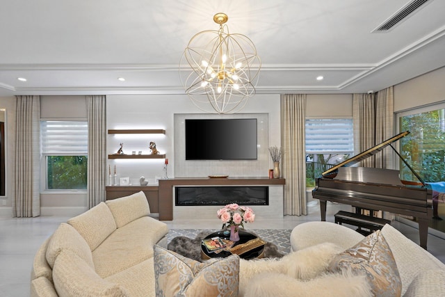 living room with a notable chandelier