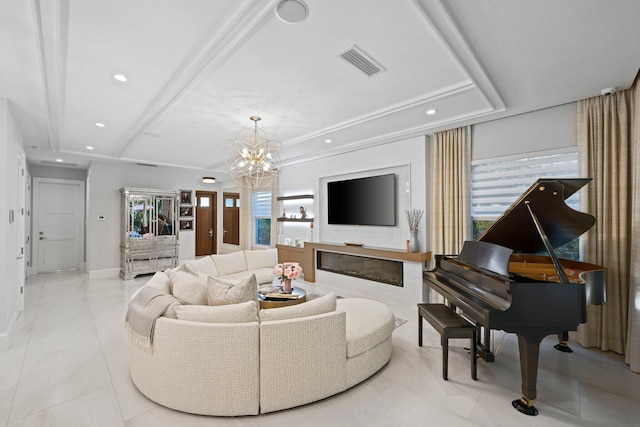 living room featuring an inviting chandelier