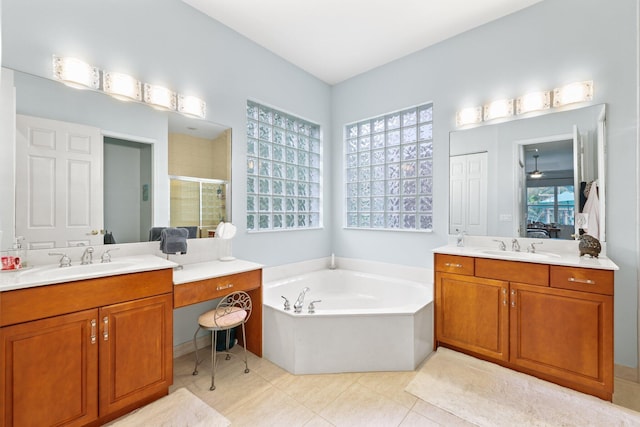 bathroom with vanity and plus walk in shower