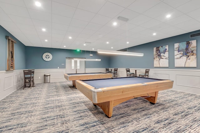 recreation room featuring recessed lighting, a wainscoted wall, billiards, carpet flooring, and visible vents