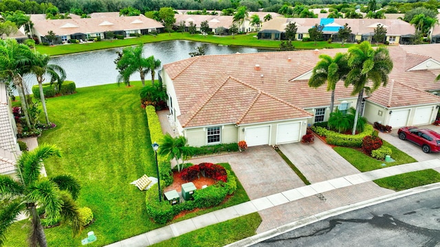 aerial view featuring a water view