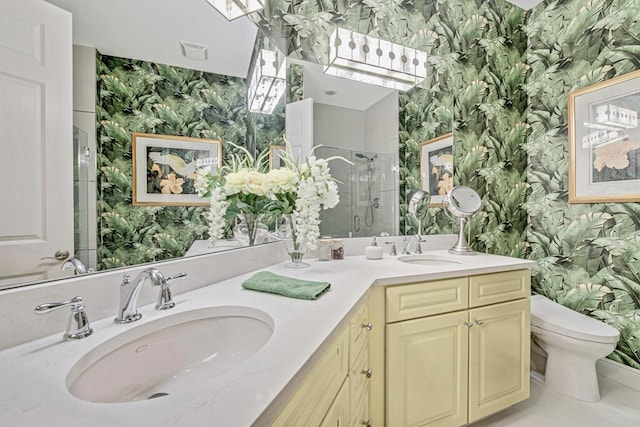 bathroom with a shower stall, a sink, visible vents, and wallpapered walls