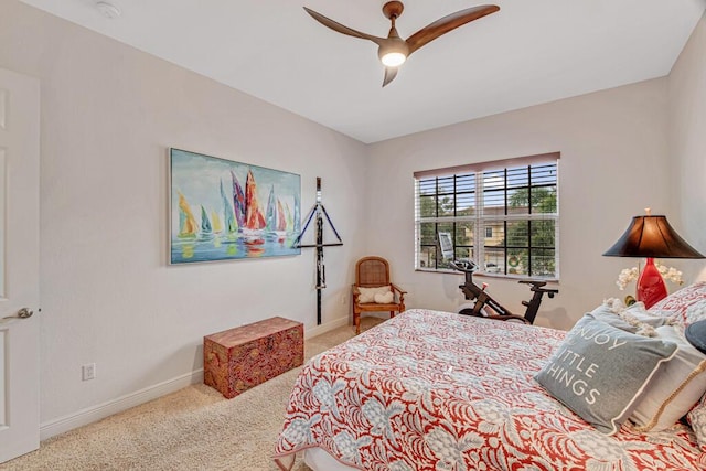 bedroom featuring carpet flooring, ceiling fan, and baseboards