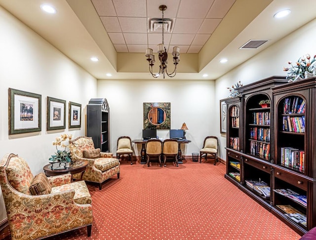 living area featuring a notable chandelier, visible vents, carpet flooring, and recessed lighting