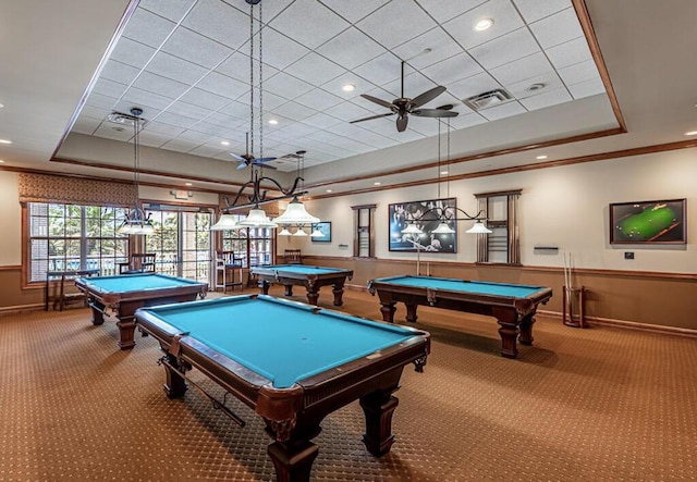 rec room with a raised ceiling, carpet flooring, and billiards