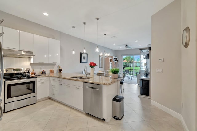 kitchen featuring white cabinetry, sink, light stone counters, kitchen peninsula, and stainless steel appliances