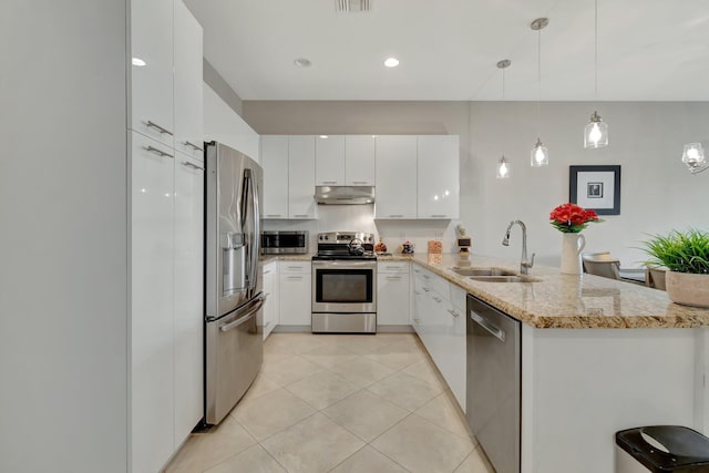 kitchen with appliances with stainless steel finishes, pendant lighting, white cabinetry, sink, and kitchen peninsula