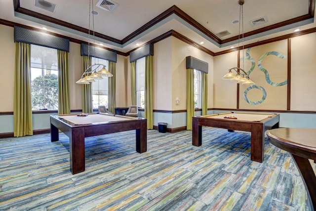 recreation room with a tray ceiling, pool table, ornamental molding, and light colored carpet