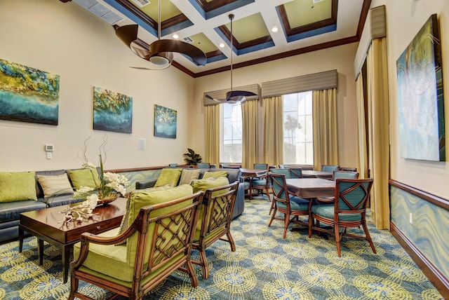 interior space featuring beamed ceiling, a high ceiling, coffered ceiling, light colored carpet, and crown molding