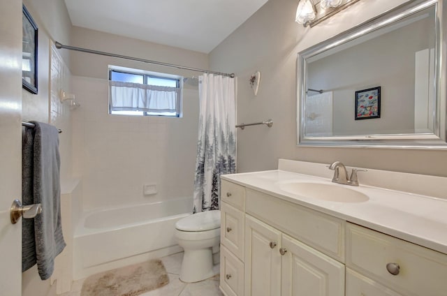 full bathroom featuring vanity, tile patterned floors, toilet, and shower / bathtub combination with curtain