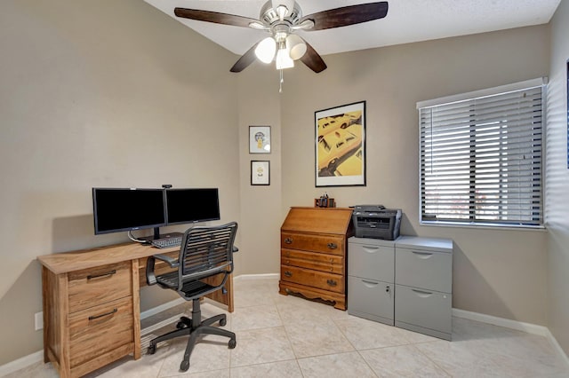 tiled office with ceiling fan