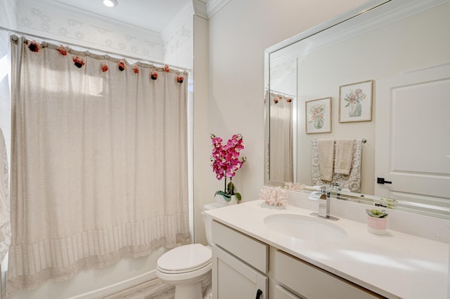 full bathroom with toilet, crown molding, vanity, shower / bath combo with shower curtain, and hardwood / wood-style flooring