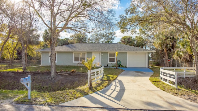 single story home with a garage and a front lawn