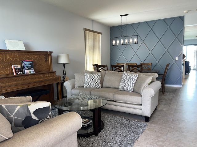 living room featuring an inviting chandelier