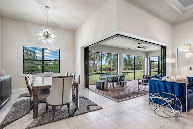 tiled dining space with an inviting chandelier