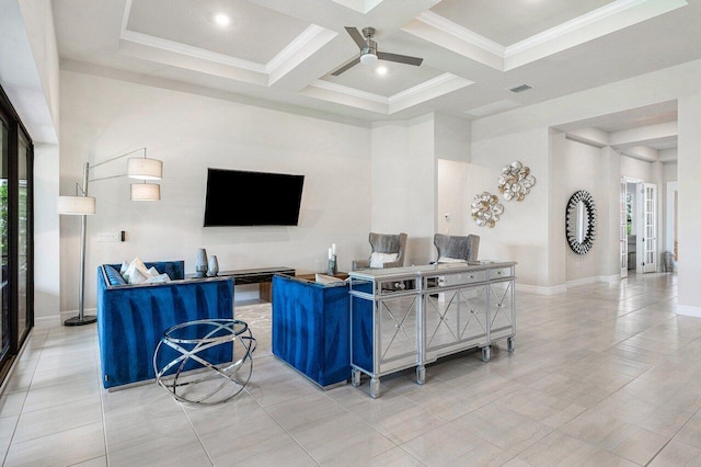 living room with light tile patterned floors, ceiling fan, beam ceiling, coffered ceiling, and ornamental molding