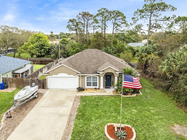 ranch-style home featuring a garage and a front yard