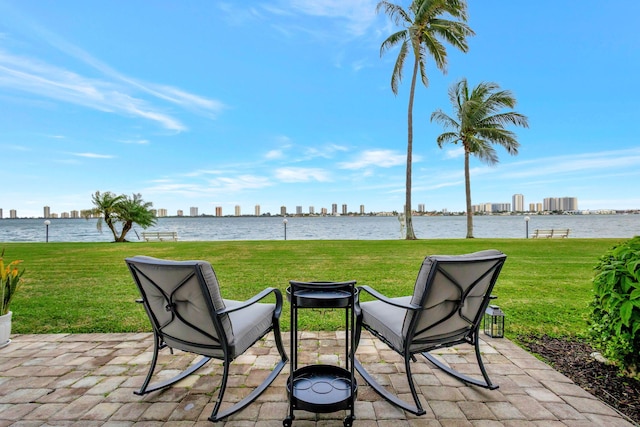 view of patio / terrace with a water view