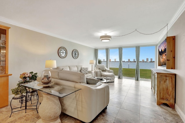 tiled living room featuring crown molding, a water view, and a wall of windows