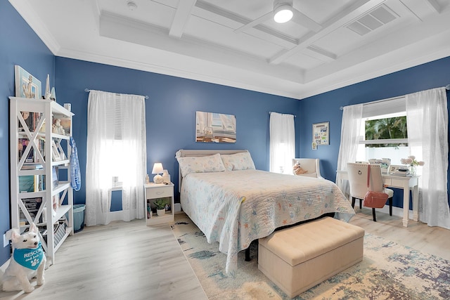 bedroom featuring beamed ceiling, coffered ceiling, ceiling fan, and light wood-type flooring