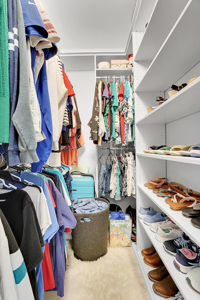 walk in closet with light carpet