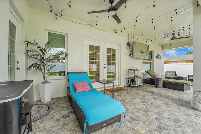 view of patio with an outdoor hangout area, french doors, and ceiling fan