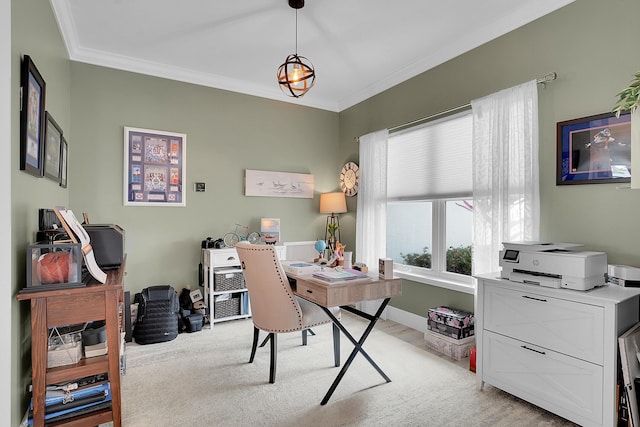 office featuring ornamental molding and light colored carpet