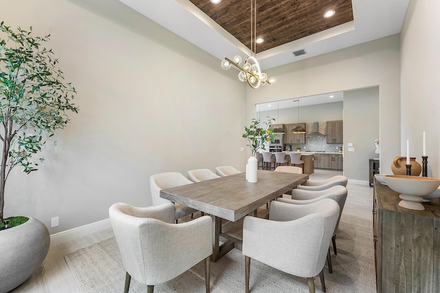 dining area featuring a raised ceiling, light wood-type flooring, wooden ceiling, and a chandelier