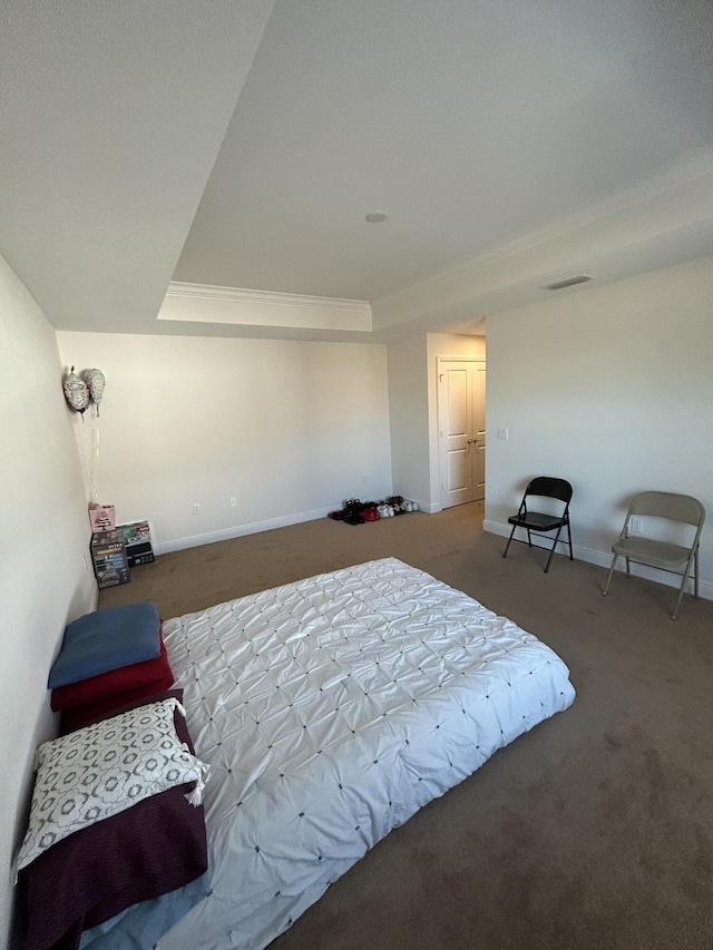 bedroom with a tray ceiling and carpet