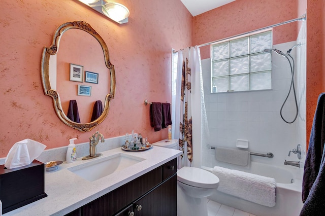 full bathroom with shower / bath combination with curtain, vanity, toilet, and tile patterned flooring