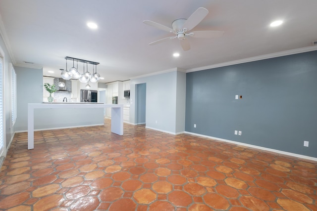 unfurnished living room featuring crown molding and ceiling fan