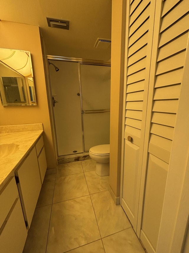 bathroom with visible vents, toilet, tile patterned floors, vanity, and a shower stall