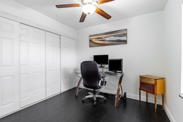 office area with ceiling fan and dark hardwood / wood-style flooring