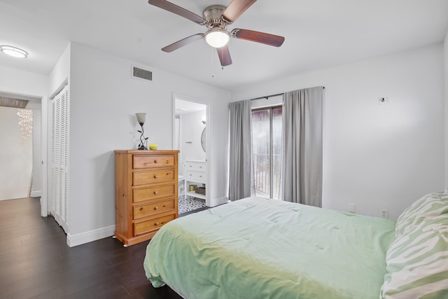 bedroom featuring dark hardwood / wood-style floors, ceiling fan, connected bathroom, and a closet