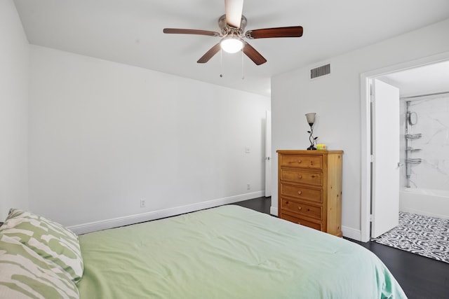 bedroom featuring connected bathroom and ceiling fan