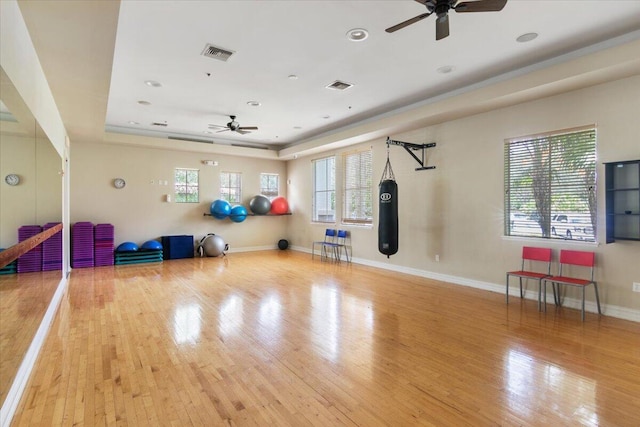 workout area featuring ceiling fan, plenty of natural light, a tray ceiling, and light wood-type flooring