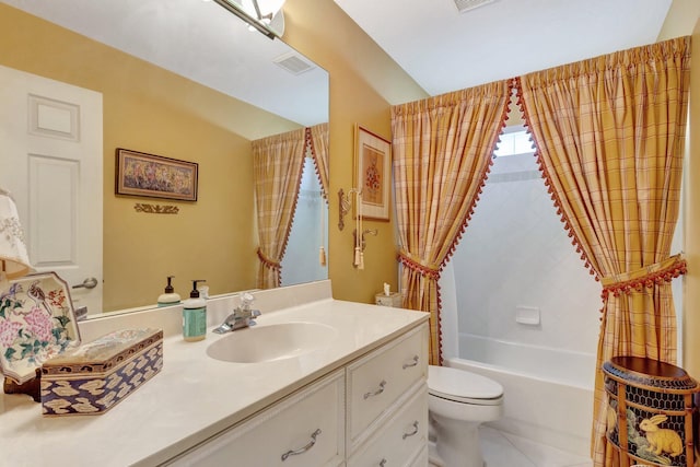 bathroom with toilet, visible vents, vanity, tile patterned floors, and shower / tub combo with curtain