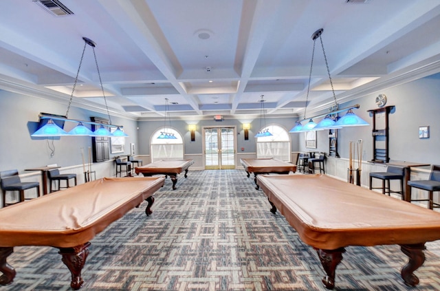 game room featuring carpet floors, french doors, beam ceiling, visible vents, and billiards