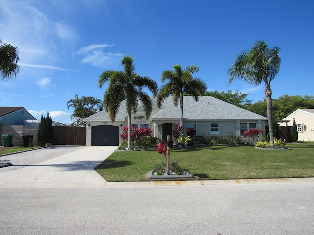 ranch-style home with a garage and a front lawn