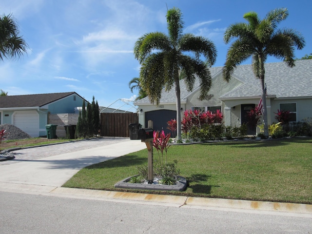 view of front facade featuring a garage and a front lawn