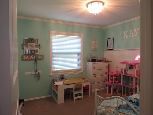 carpeted bedroom with ornamental molding