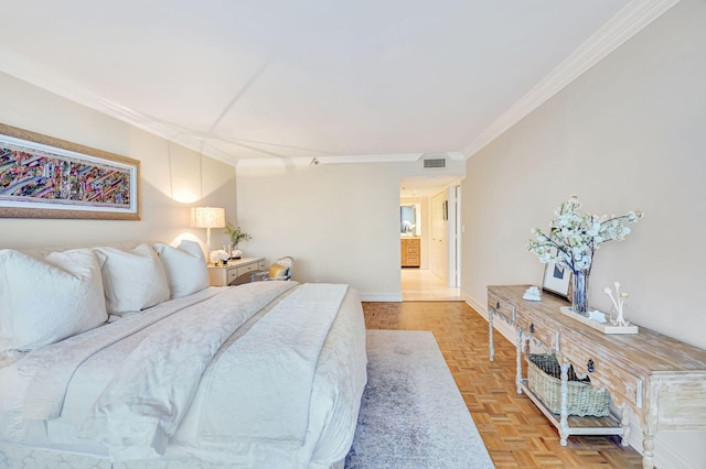 bedroom featuring light parquet flooring and ornamental molding