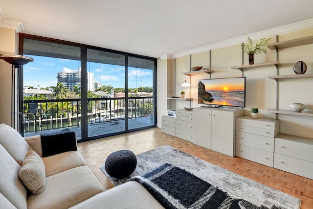 living room featuring crown molding, light parquet flooring, and floor to ceiling windows